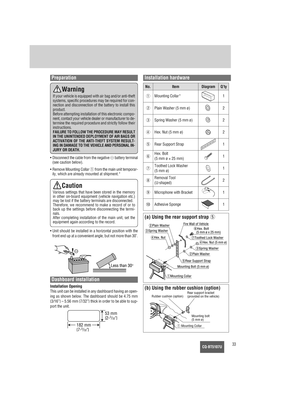 Panasonic CQ-BT5107U warranty Preparation, Dashboard installation, Installation hardware, Using the rear support strap t 