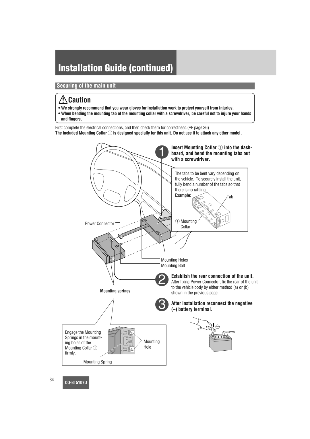 Panasonic CQ-BT5107U warranty Securing of the main unit, Battery terminal 