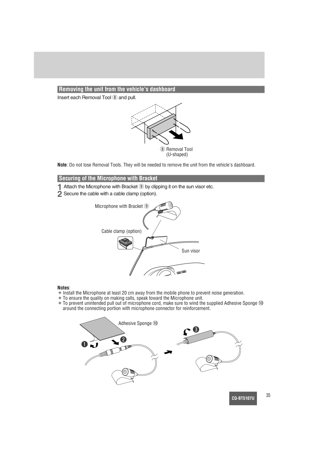 Panasonic CQ-BT5107U warranty Removing the unit from the vehicle’s dashboard, Securing of the Microphone with Bracket 