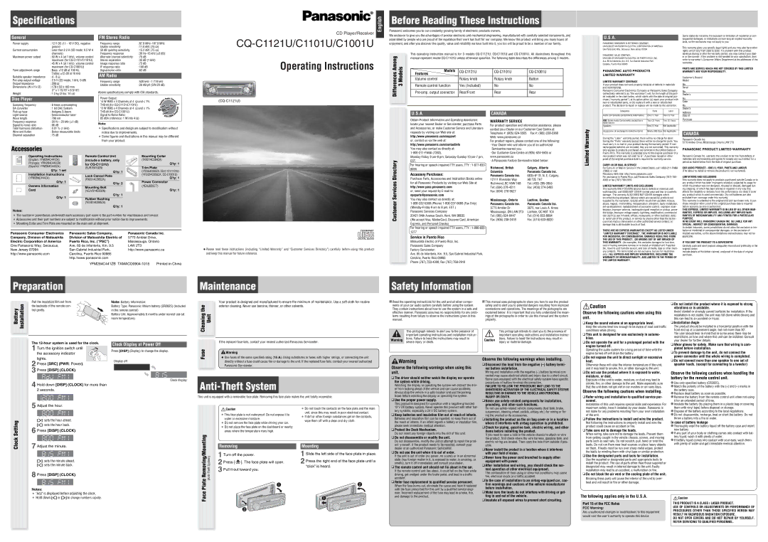 Panasonic CQ-C1121U specifications General, Disc Player, FM Stereo Radio, AM Radio, Clock Display at Power Off, Removing 