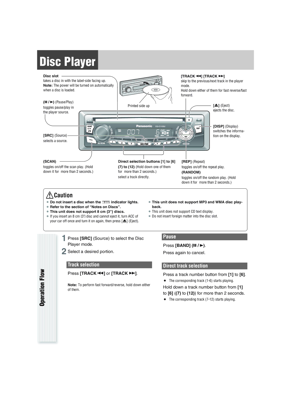 Panasonic CQ-C1103U warranty Disc Player, Track selection, Pause, Direct track selection 