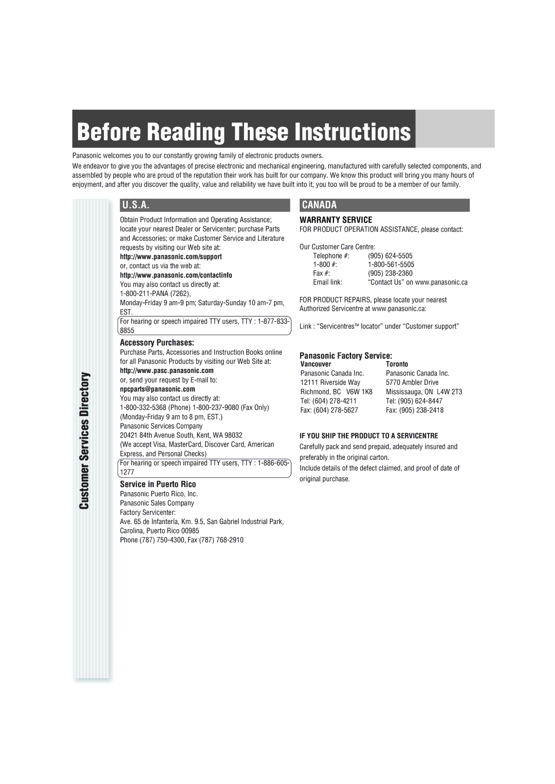 Panasonic CQ-C1103U warranty Before Reading These Instructions, Customer Services Directory, Accessory Purchases 