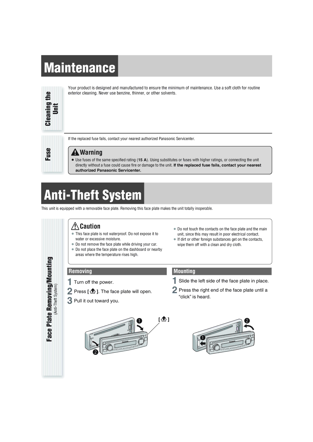 Panasonic CQ-C1103U warranty Maintenance, Anti-Theft System, Cleaning the Unit Fuse, Removing, Mounting 