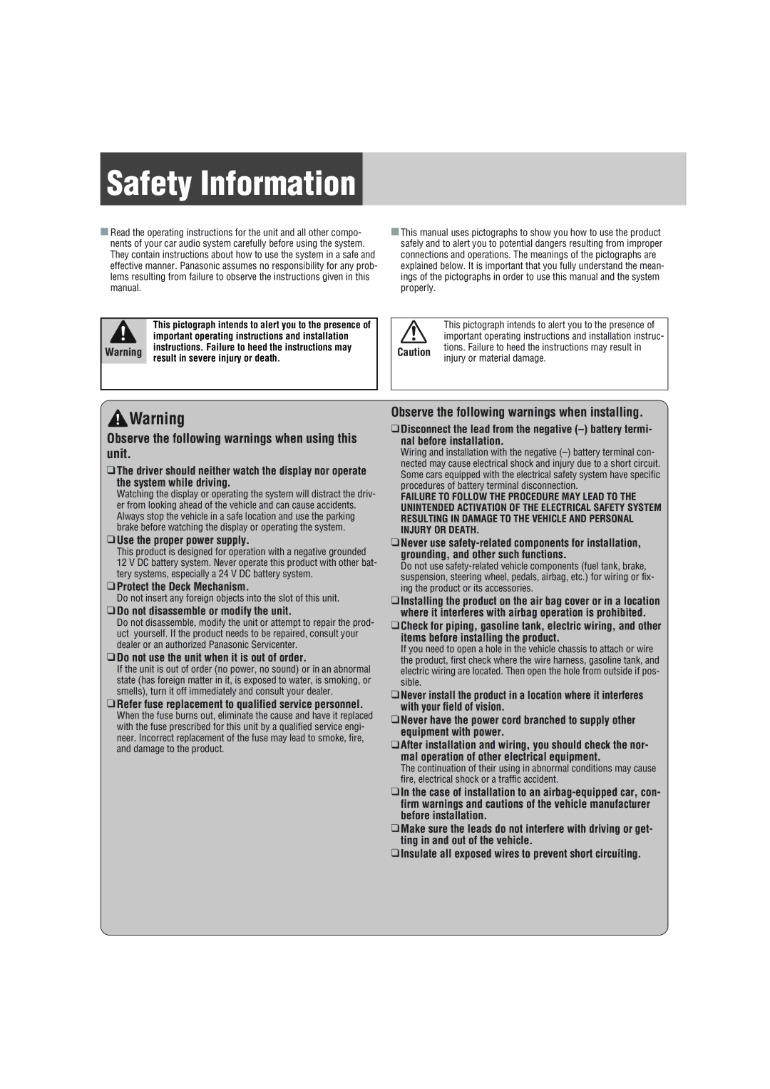 Panasonic CQ-C1103U Safety Information, Observe the following warnings when installing, Result in severe injury or death 