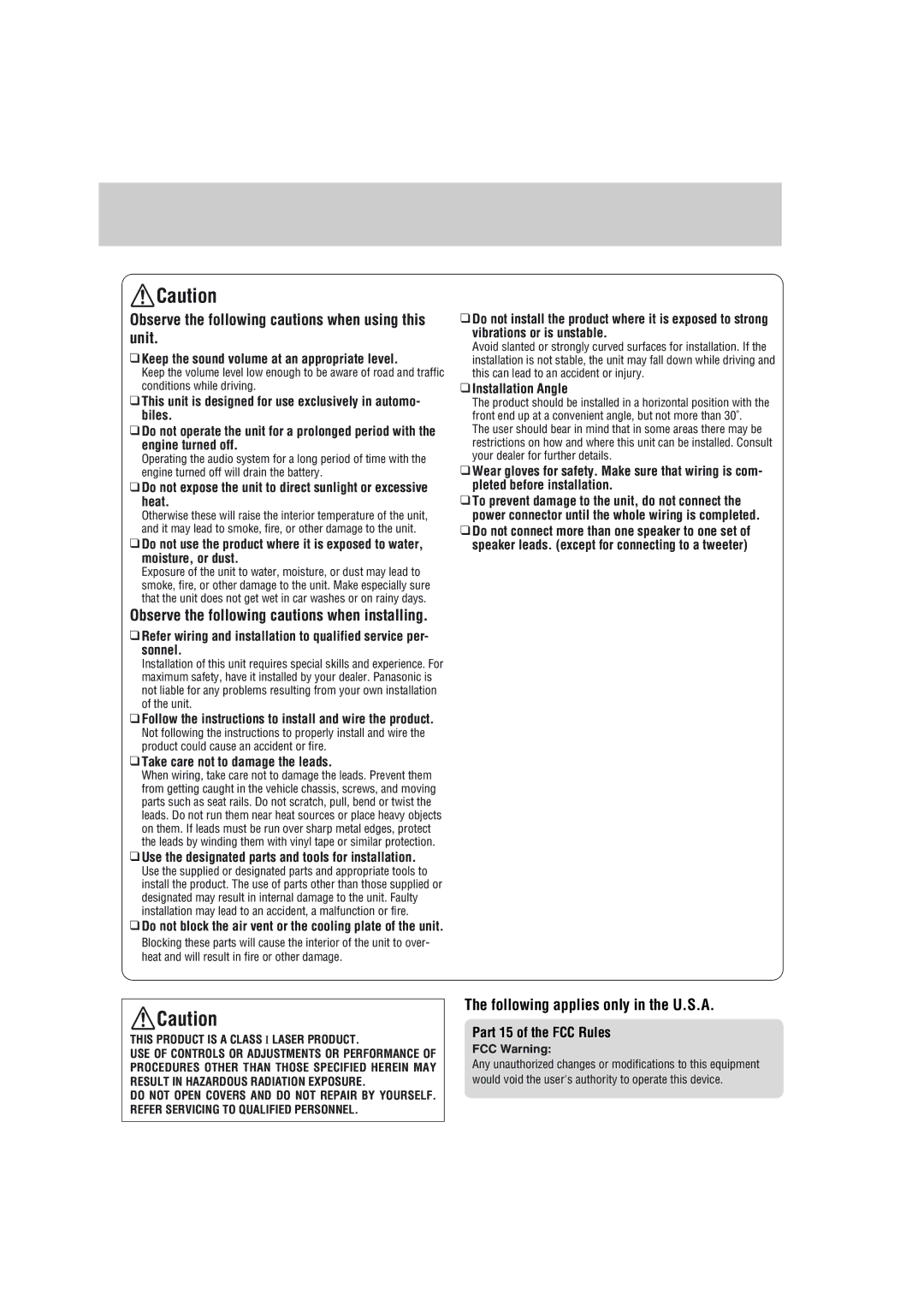 Panasonic CQ-C1103U warranty Observe the following cautions when installing, Part 15 of the FCC Rules 