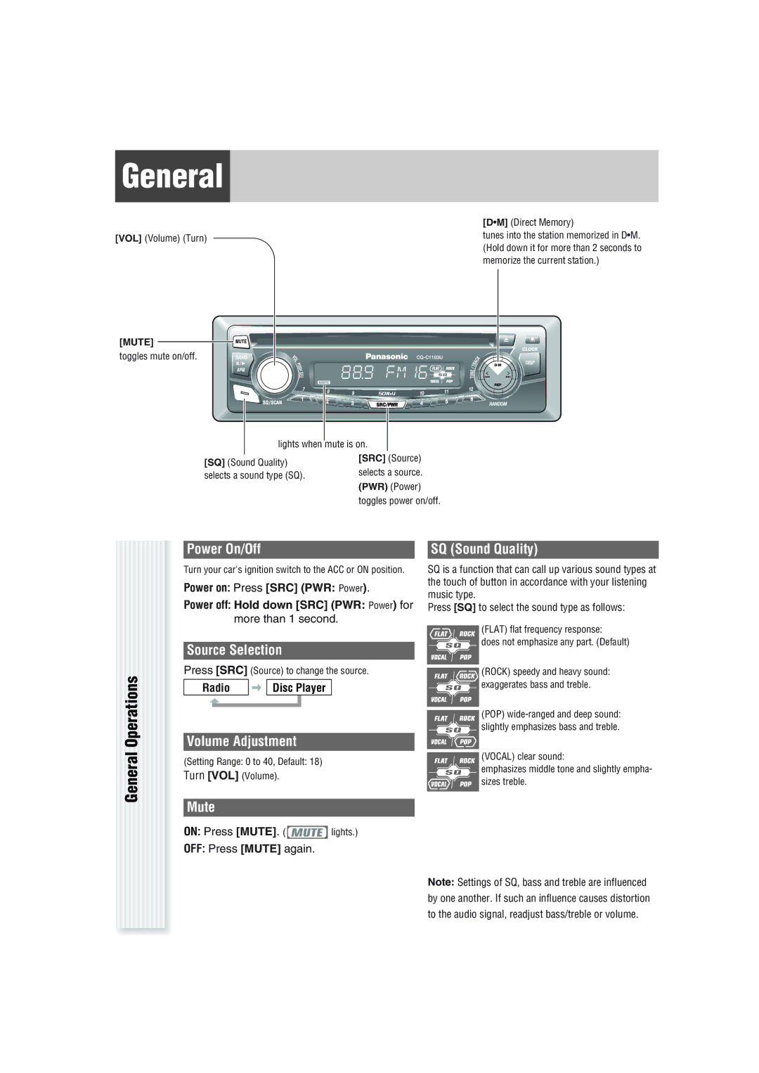 Panasonic CQ-C1103U warranty General Operations 