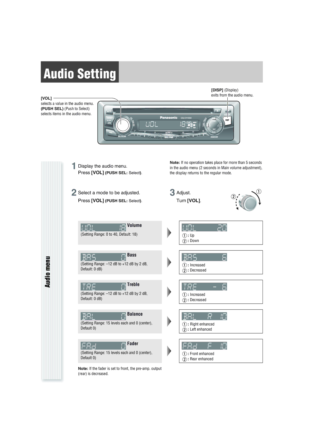 Panasonic CQ-C1103U warranty Audio Setting, Menu 