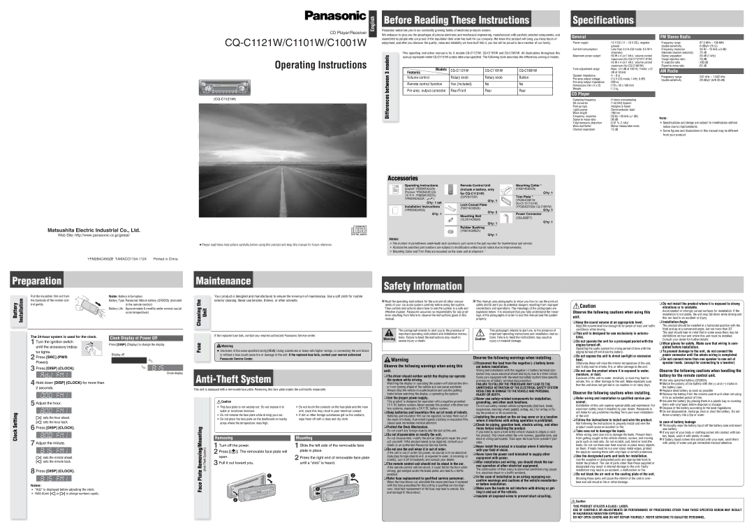 Panasonic CQ-C1101W specifications General, CD Player, FM Stereo Radio, AM Radio, Clock Display at Power Off, Removing 