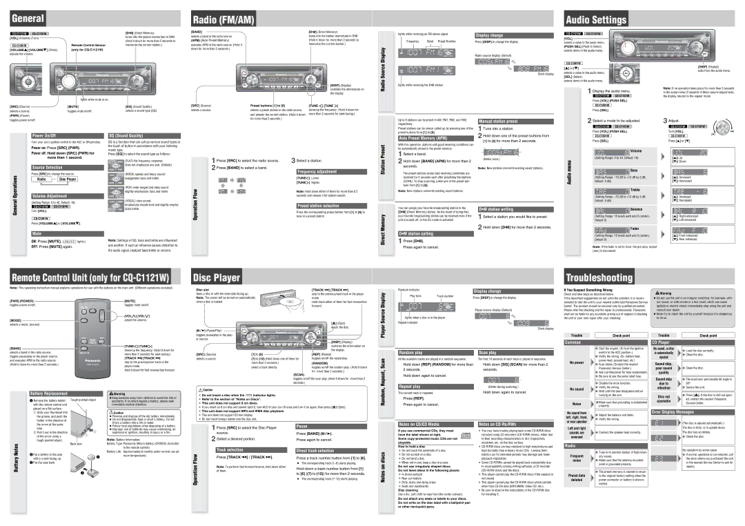 Panasonic CQ-C1001W Display change, Manual station preset, Power On/Off, Source Selection, Volume Adjustment, Mute, Common 