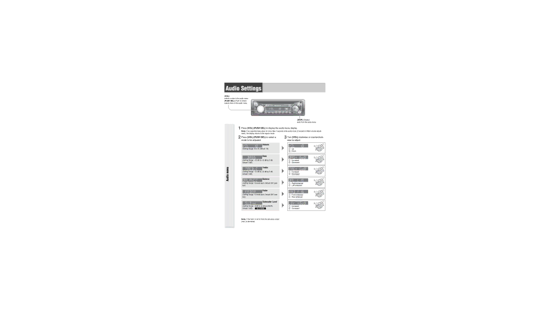 Panasonic CQ-C1301U operating instructions Audio Settings, Audio menu 