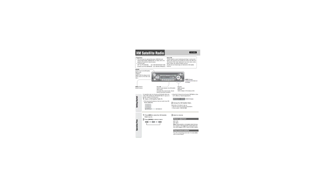 Panasonic CQ-C1301U XM Satellite Radio, Getting Started, Channel adjustment, Preset channel selection 