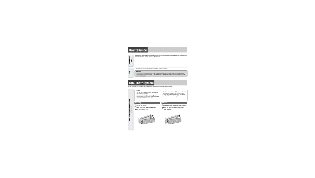 Panasonic CQ-C1301U operating instructions Maintenance, Anti-Theft System, Fuse, Removing, Mounting 