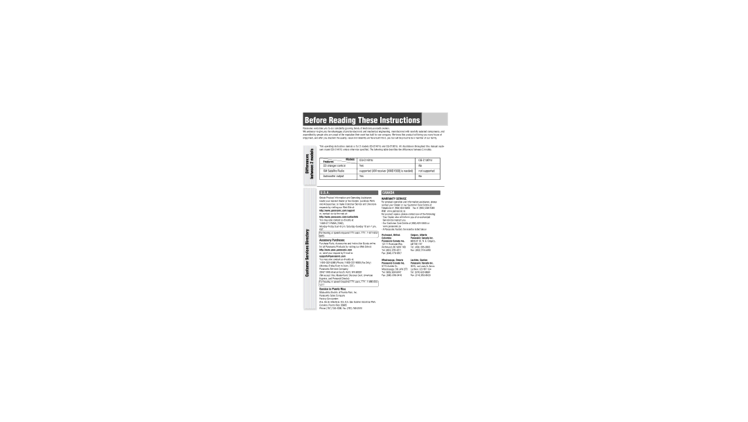 Panasonic CQ-C1301U Before Reading These Instructions, Differences Between 2 models, Customer Services Directory 