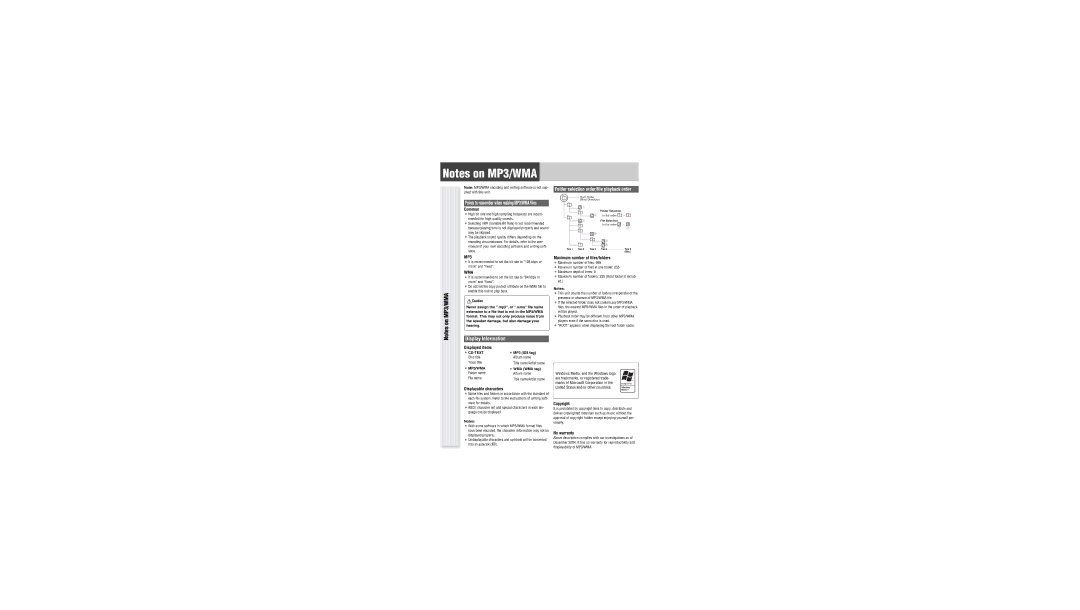 Panasonic CQ-C1301U Common, Displayed items, Displayable characters, Maximum number of files/folders, Copyright 