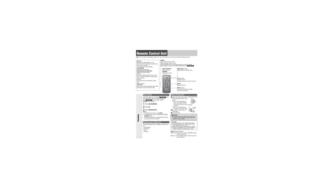 Panasonic CQ-C1301U Remote Control Unit, Direct Access Battery Replacement, Functions only on Main unit, Press # Number 