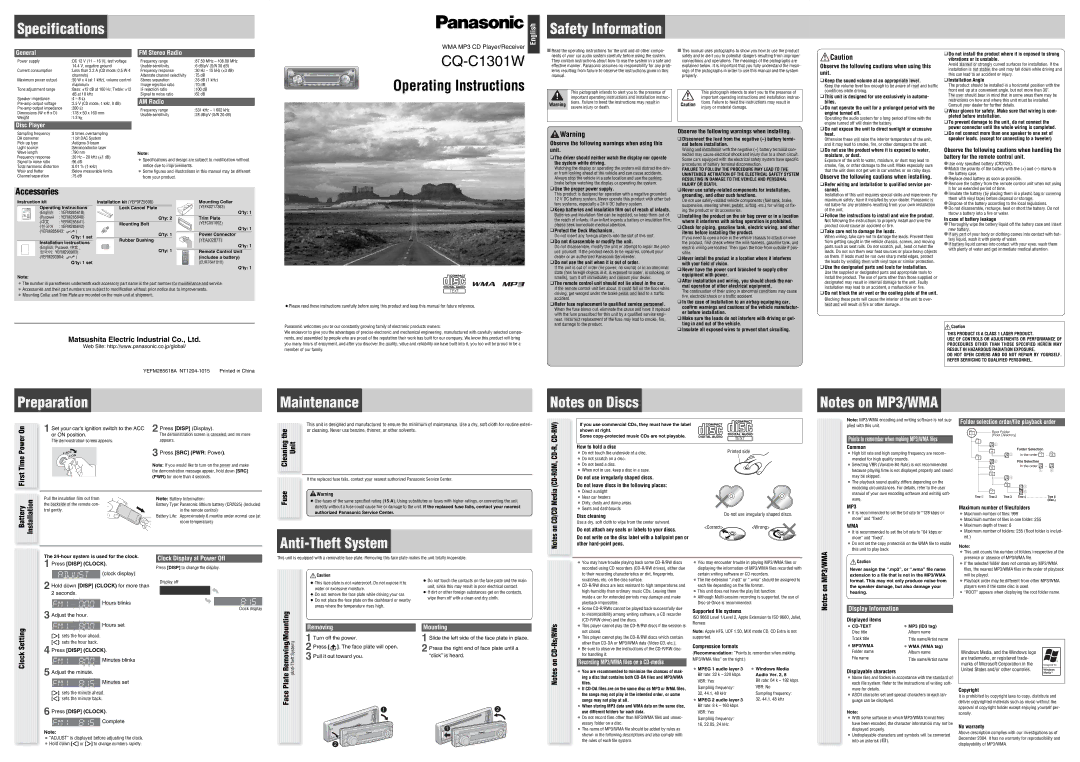 Panasonic CQ-C1301W specifications General FM Stereo Radio, AM Radio, Disc Player, Clock Display at Power Off, Removing 