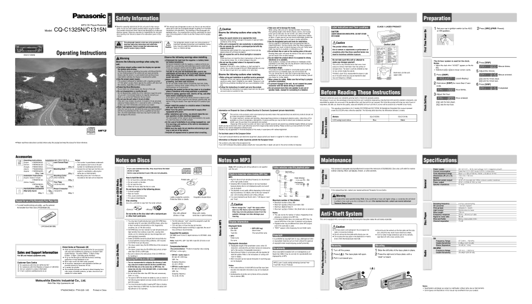 Panasonic CQ-C1315N operating instructions Preparation, Before Reading These Instructions, Maintenance, Anti-Theft System 