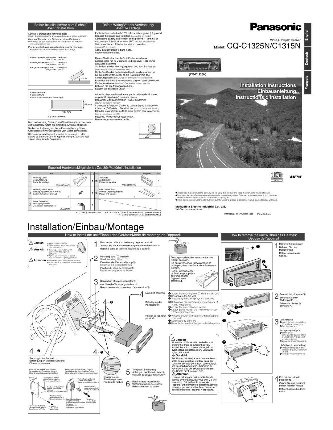 Panasonic CQ-C1315N Installation/Einbau/Montage, Installation Instructions, Einbauanleitung Instructions d’installation 