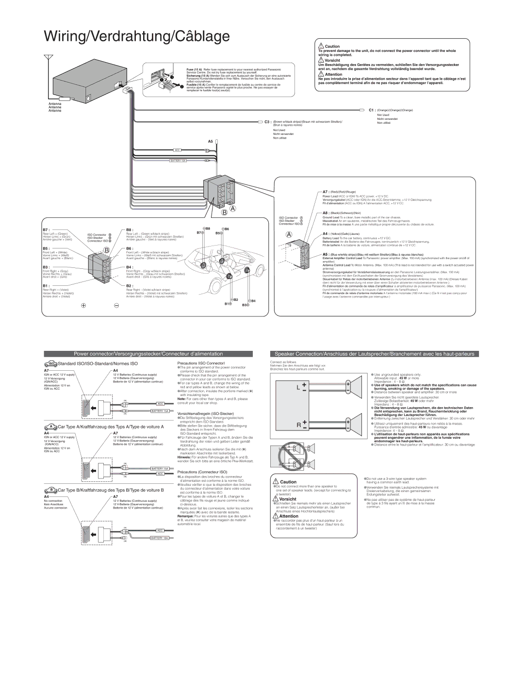 Panasonic CQ-C1325N, CQ-C1315N Wiring/Verdrahtung/Câblage, Standard ISO/ISO-Standard/Normes ISO, Vorsicht 