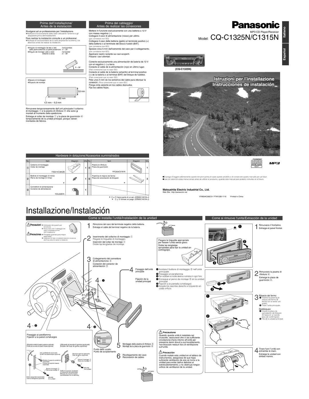 Panasonic CQ-C1315N Installazione/Instalación, Istruzioni per l’installazione Instrucciones de instalación, Italiano 