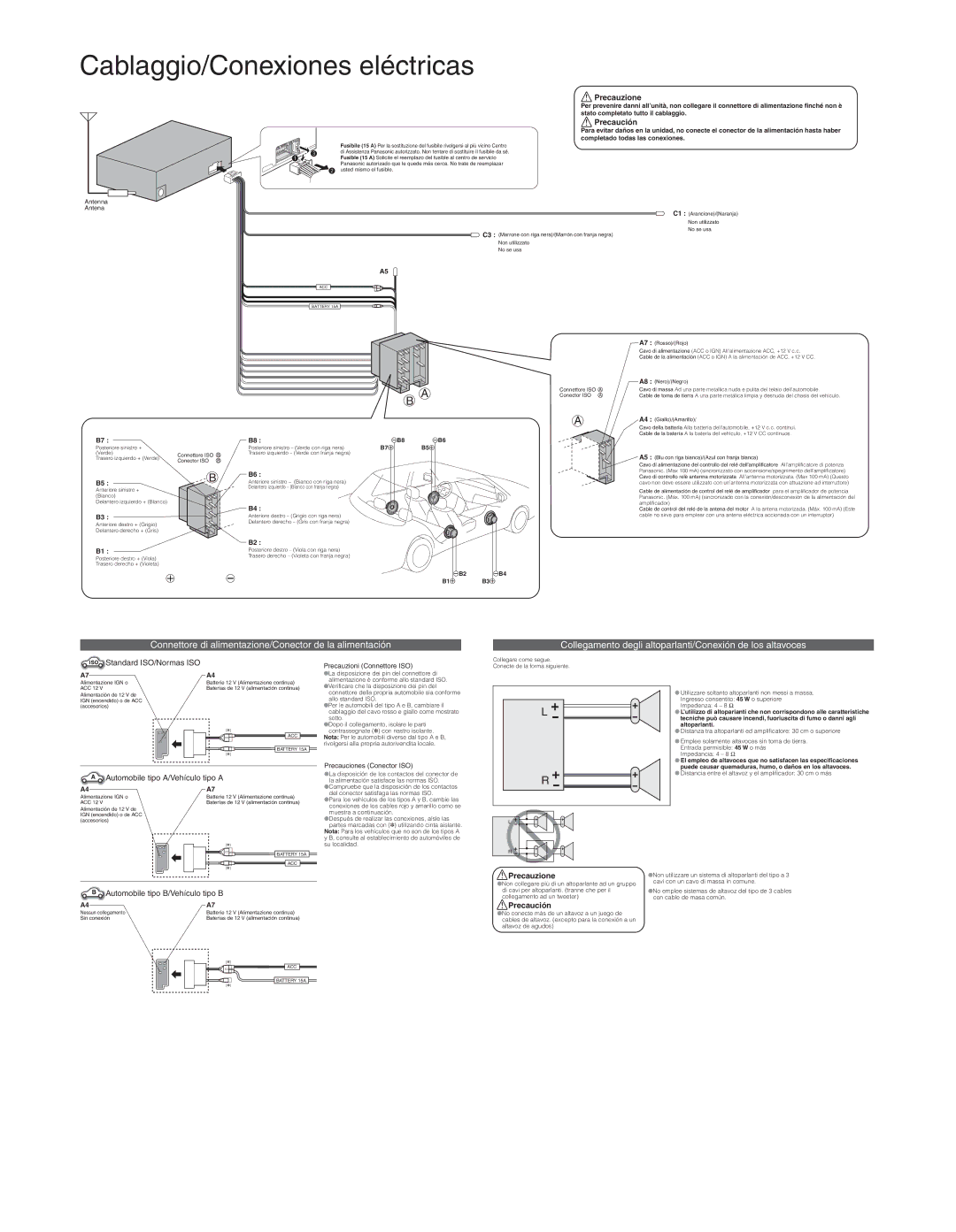 Panasonic CQ-C1325N, CQ-C1315N operating instructions Cablaggio/Conexiones eléctricas, Precauzione, Precaución 