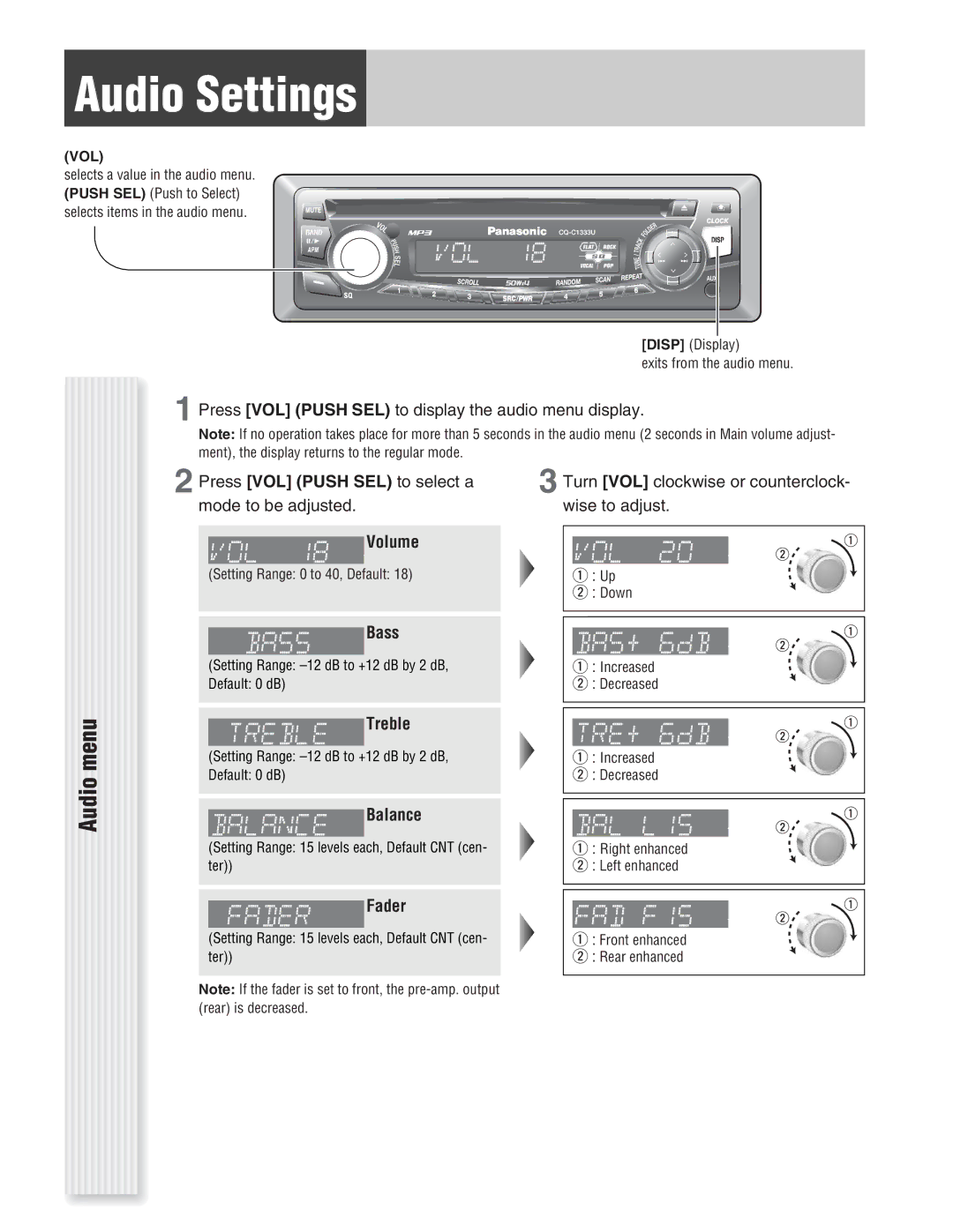 Panasonic CQ-C1333U, C1303U operating instructions Audio Settings, Audio menu 