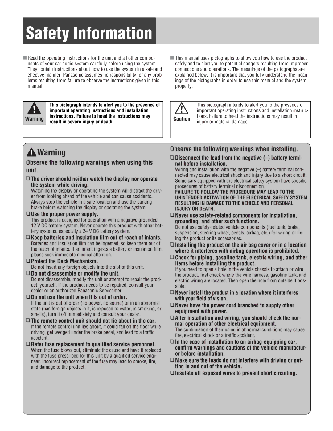 Panasonic CQ-C1333U, C1303U Safety Information, Use the proper power supply, Protect the Deck Mechanism 