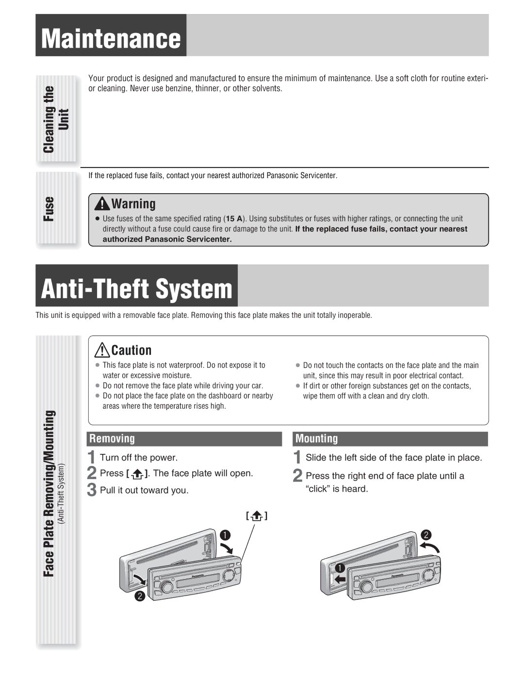 Panasonic C1303U, CQ-C1333U operating instructions Maintenance, Anti-Theft System, Cleaning Fuse Unit, Removing, Mounting 