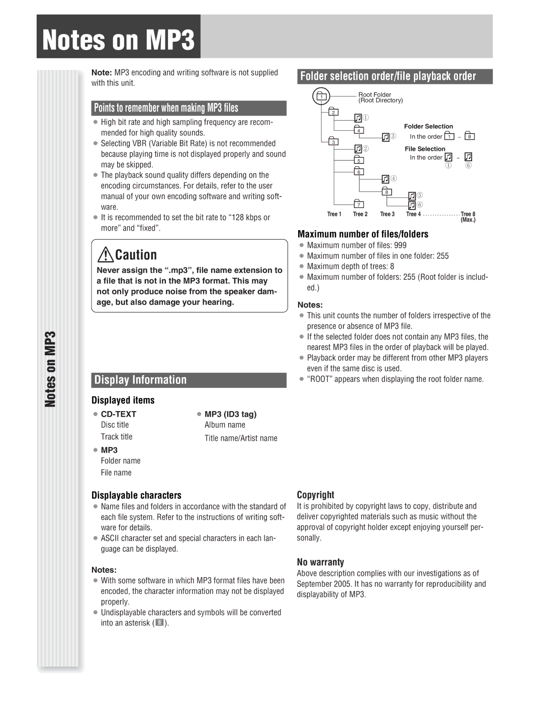 Panasonic C1303U, CQ-C1333U operating instructions On MP3, Display Information, Folder selection order/file playback order 