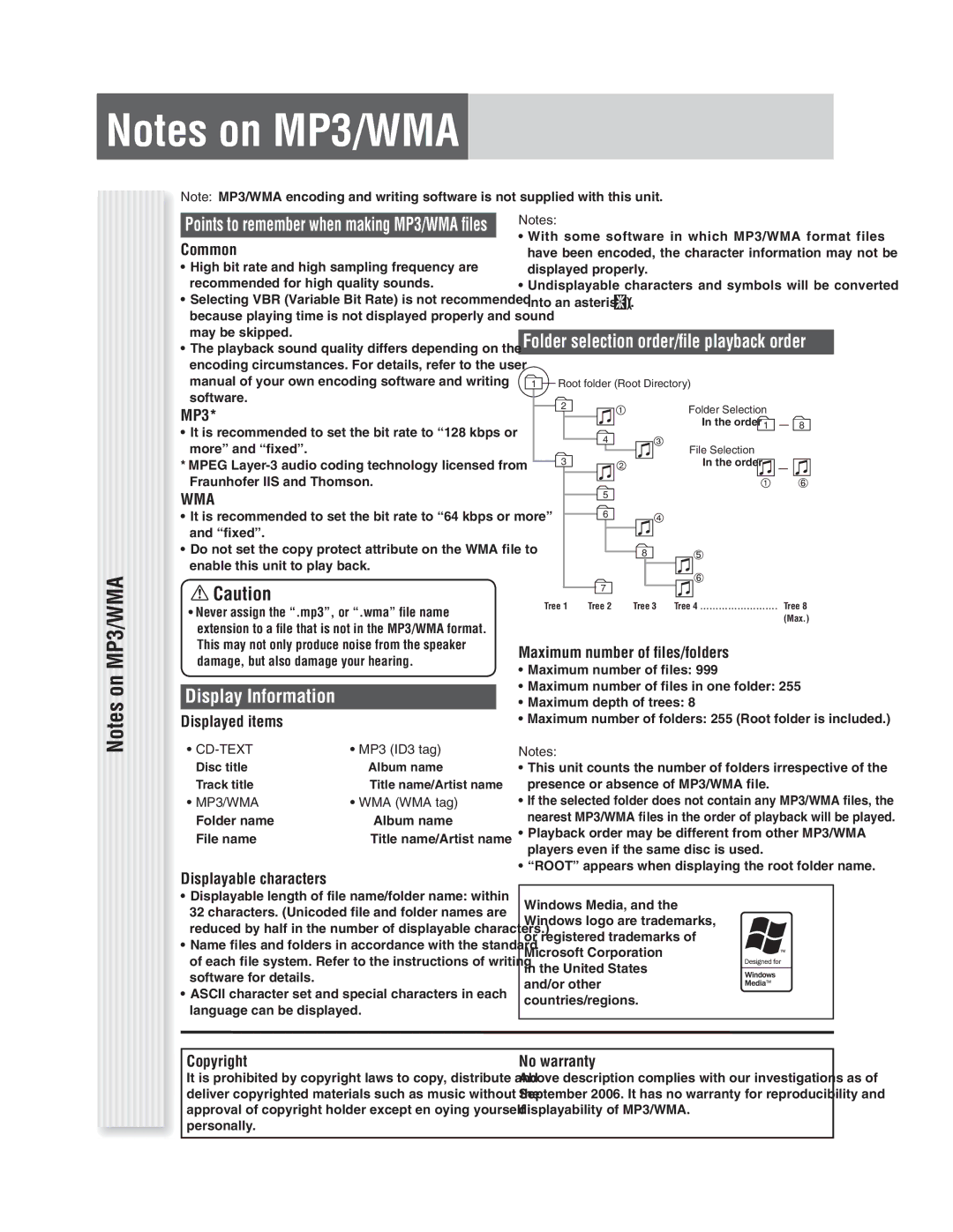 Panasonic CQ-C1335L, CQ-C1305L operating instructions Display Information, Folder selection order/ﬁle playback order 