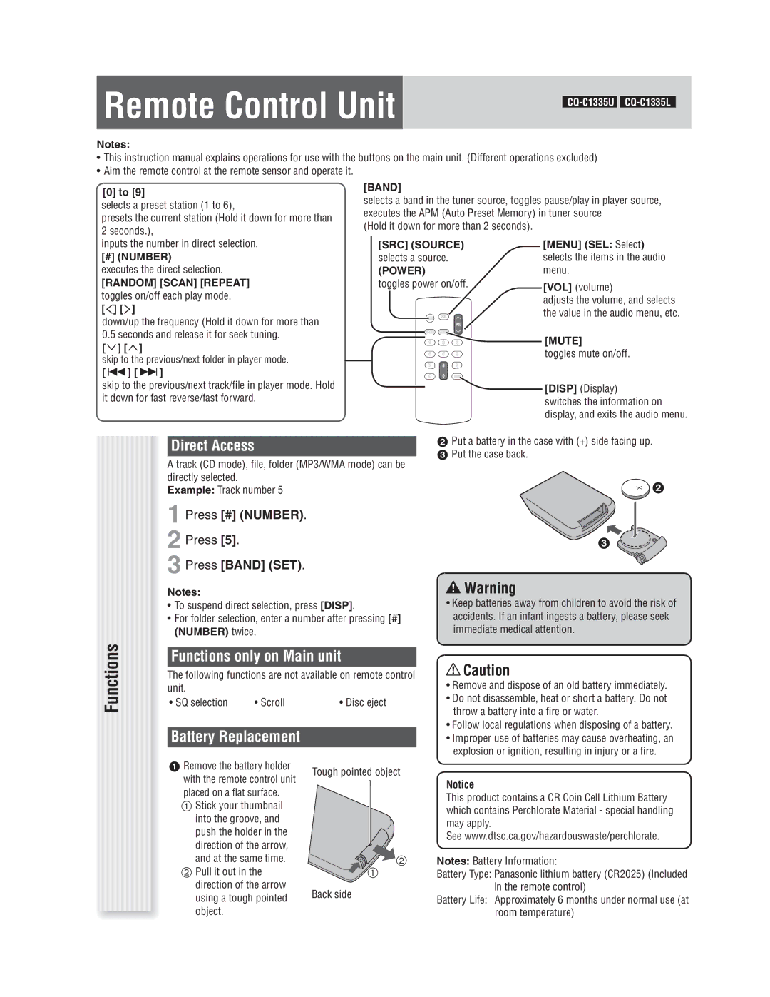 Panasonic CQ-C1305L Remote Control Unit, Direct Access, Functions only on Main unit, Press # Number, Press Band SET 