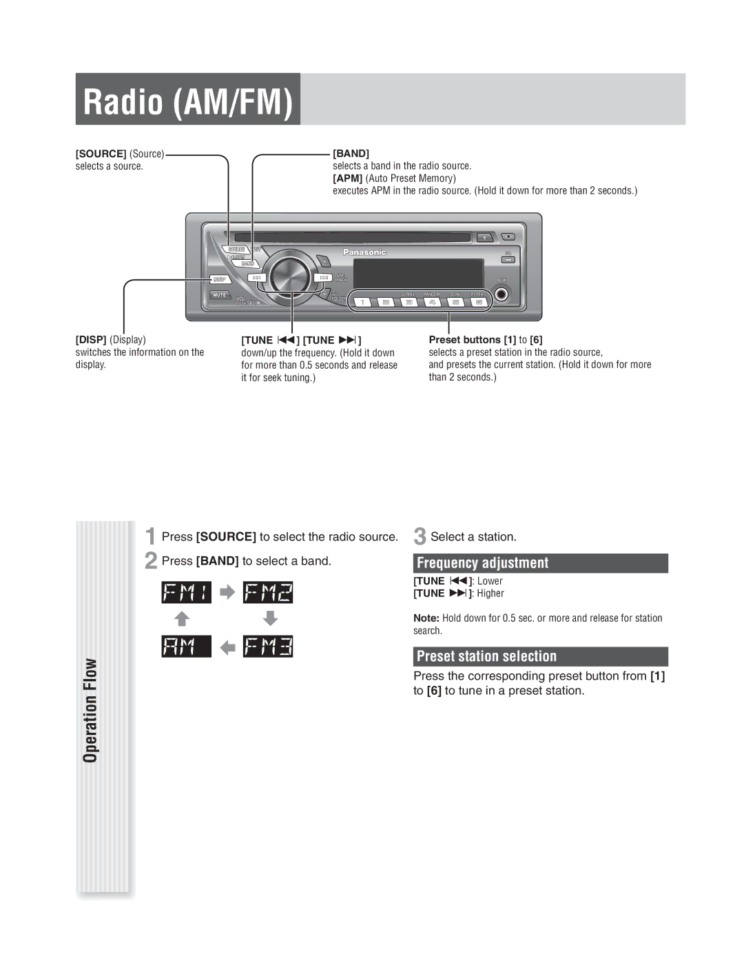 Panasonic CQ-C1305L, CQ-C1335L Radio AM/FM, Operation Flow, Frequency adjustment, Preset station selection 