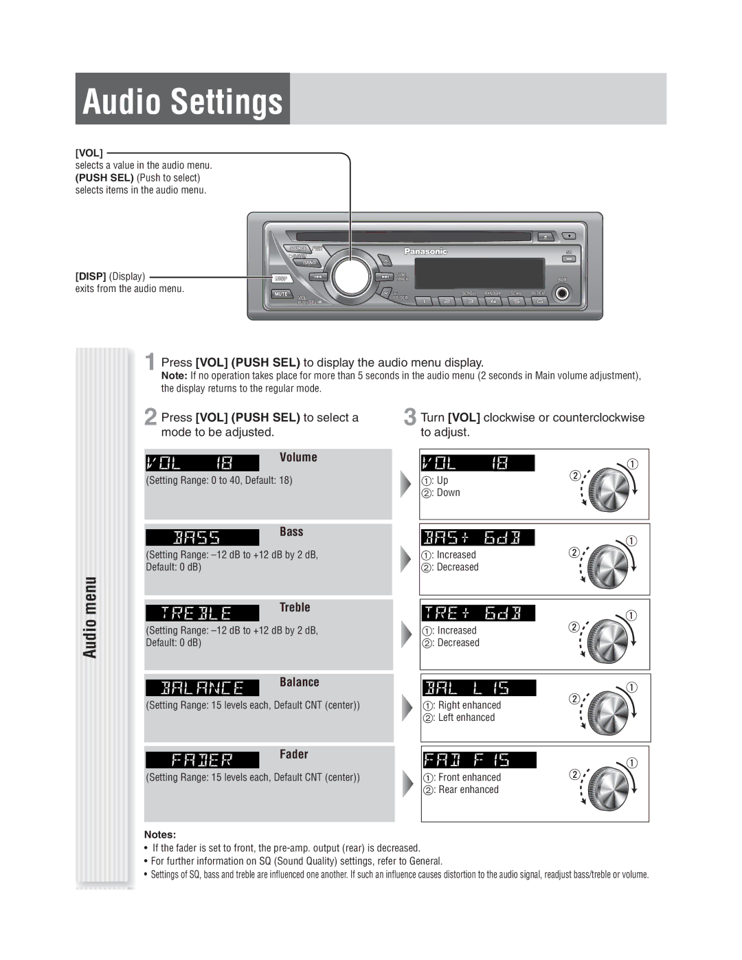 Panasonic CQ-C1305L, CQ-C1335L operating instructions Audio Settings, Audio menu 