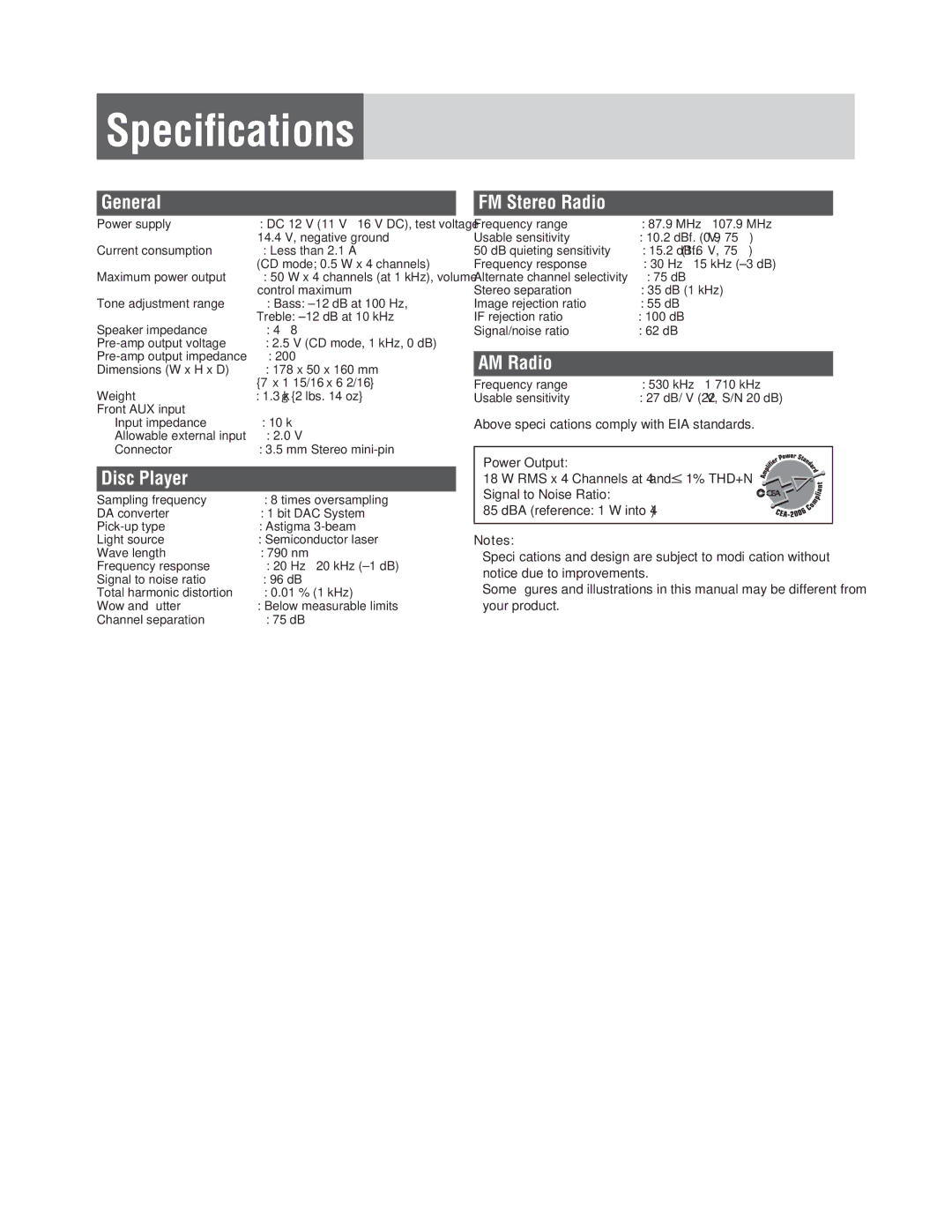 Panasonic CQ-C1305L, CQ-C1335L operating instructions Speciﬁcations, General, FM Stereo Radio, AM Radio 