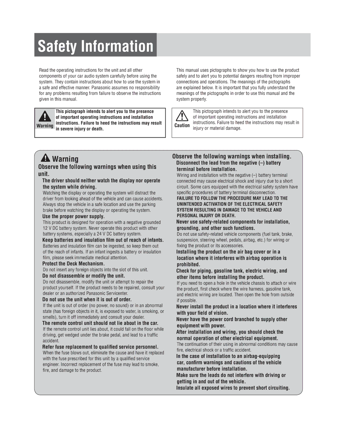 Panasonic CQ-C1335L, CQ-C1305L Safety Information, Use the proper power supply, Protect the Deck Mechanism 