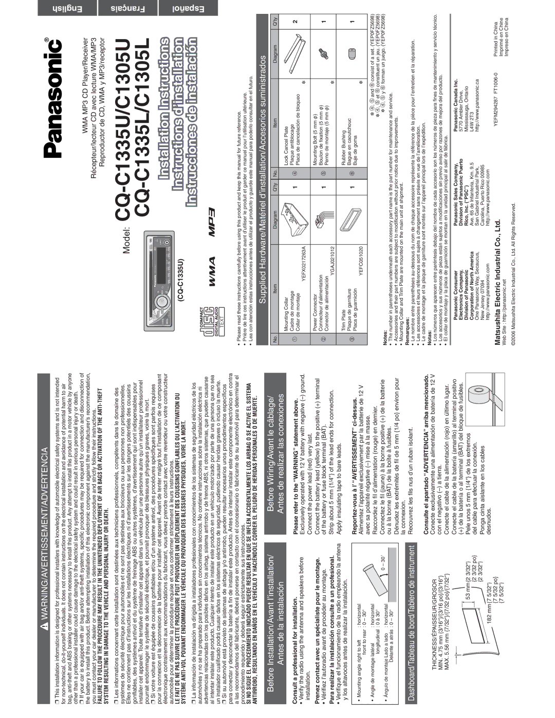 Panasonic CQ-C1305L, CQ-C1335L operating instructions Model CQ-C1335U/C1305U 