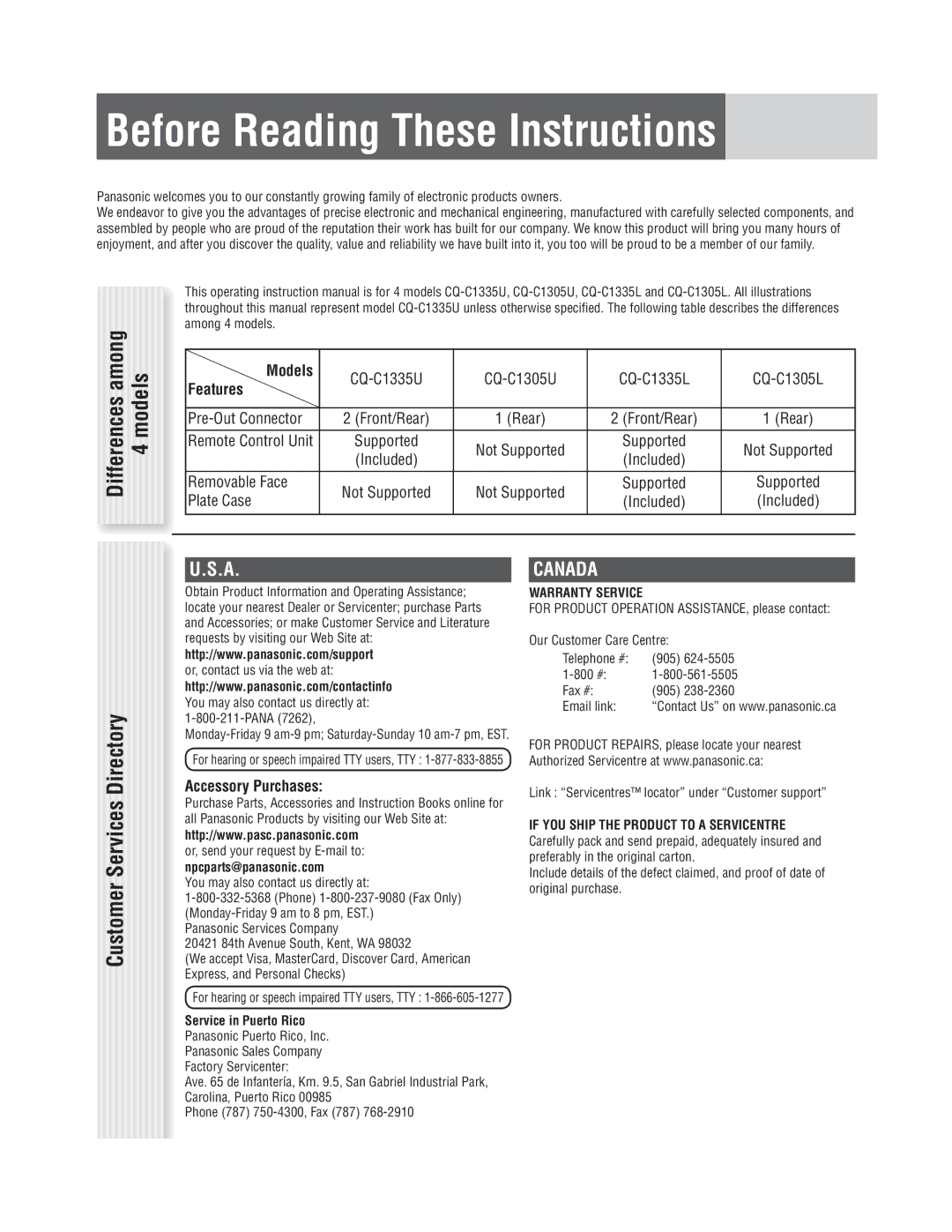 Panasonic CQ-C1335L Before Reading These Instructions, Customer Services Directory, Models, Features, Accessory Purchases 