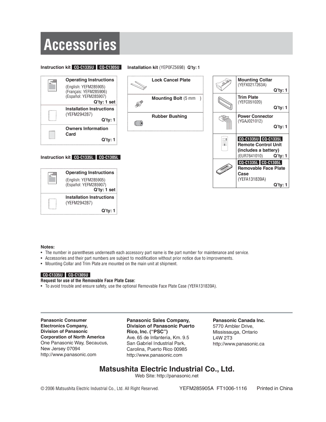 Panasonic CQ-C1335L, CQ-C1305L Accessories, Panasonic Sales Company Panasonic Canada Inc, Division of Panasonic Puerto 