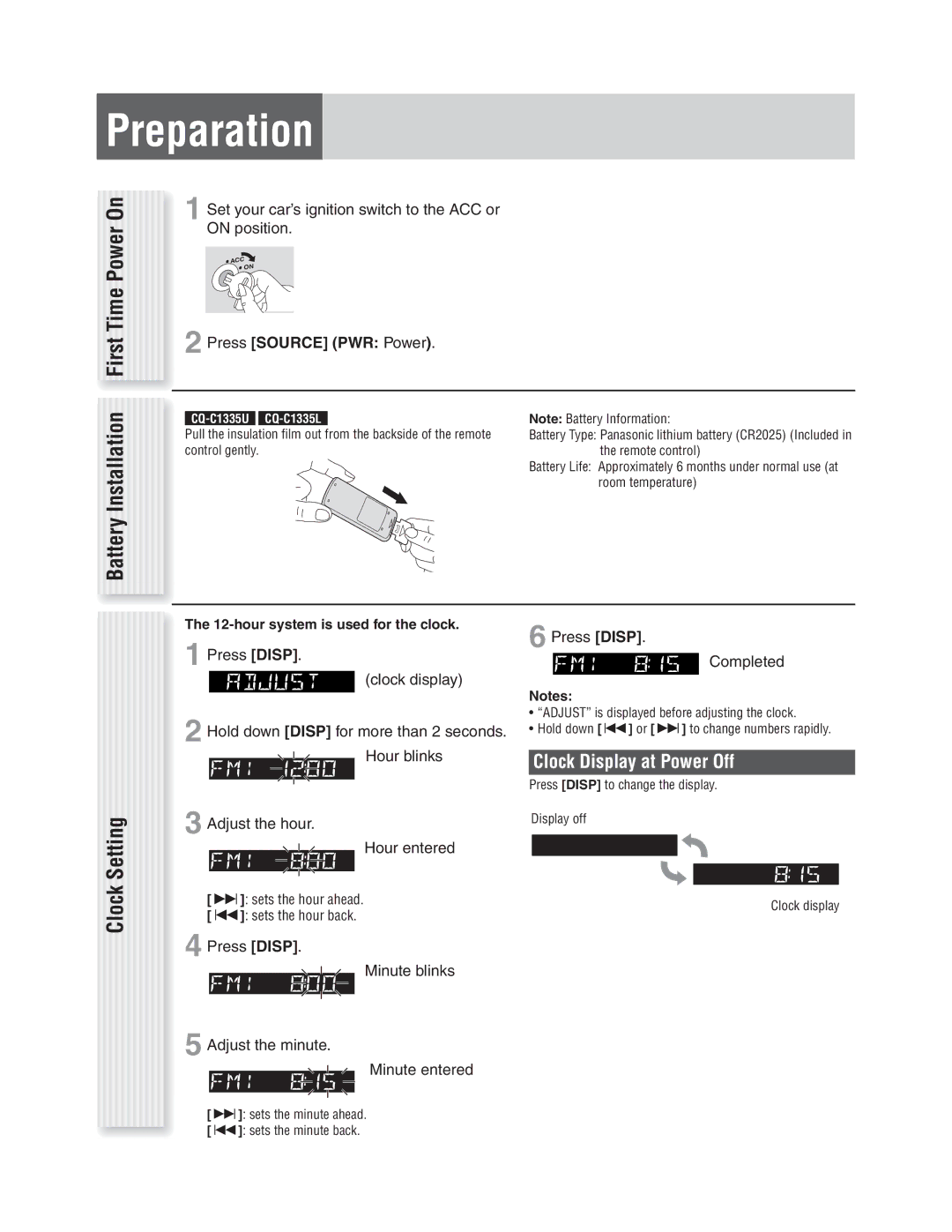 Panasonic CQ-C1305L, CQ-C1335L Preparation, Clock Setting, Clock Display at Power Off, Press Source PWR Power 