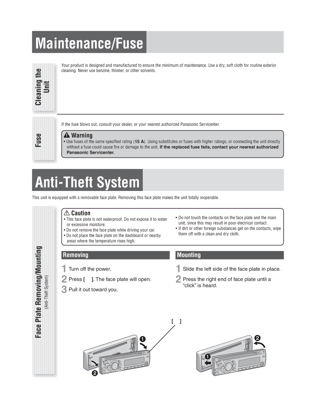 Panasonic CQ-C1335L, CQ-C1305L operating instructions Maintenance/Fuse, Anti-Theft System, Removing, Mounting 