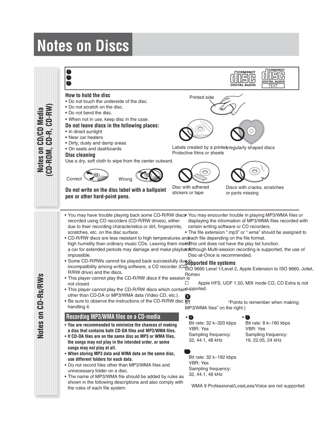 Panasonic CQ-C1305L How to hold the disc, Do not leave discs in the following places, Disc cleaning, Supported ﬁle systems 