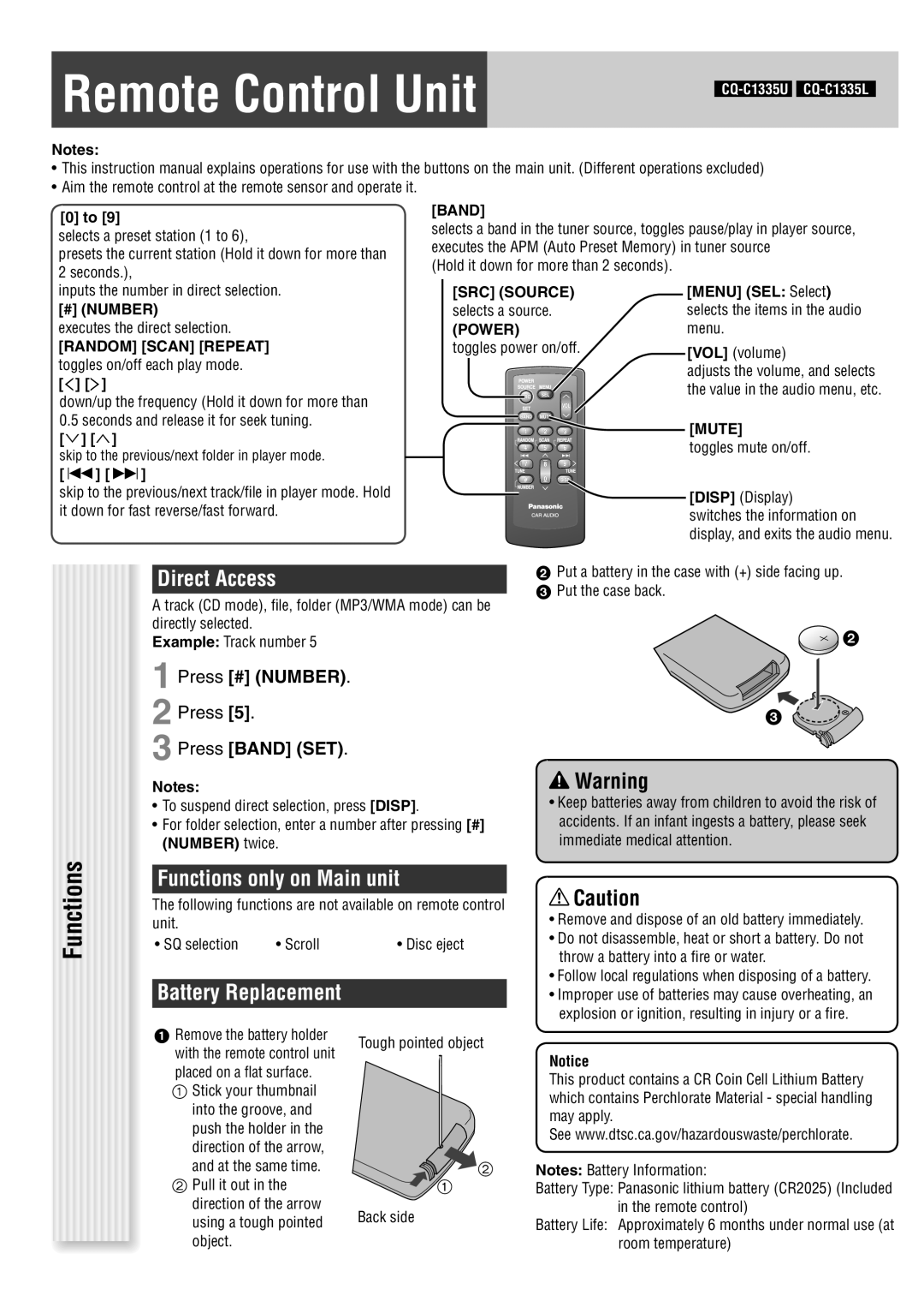 Panasonic C1335L, C1305L Remote Control Unit, Direct Access, Functions only on Main unit, Press # Number, Press Band SET 