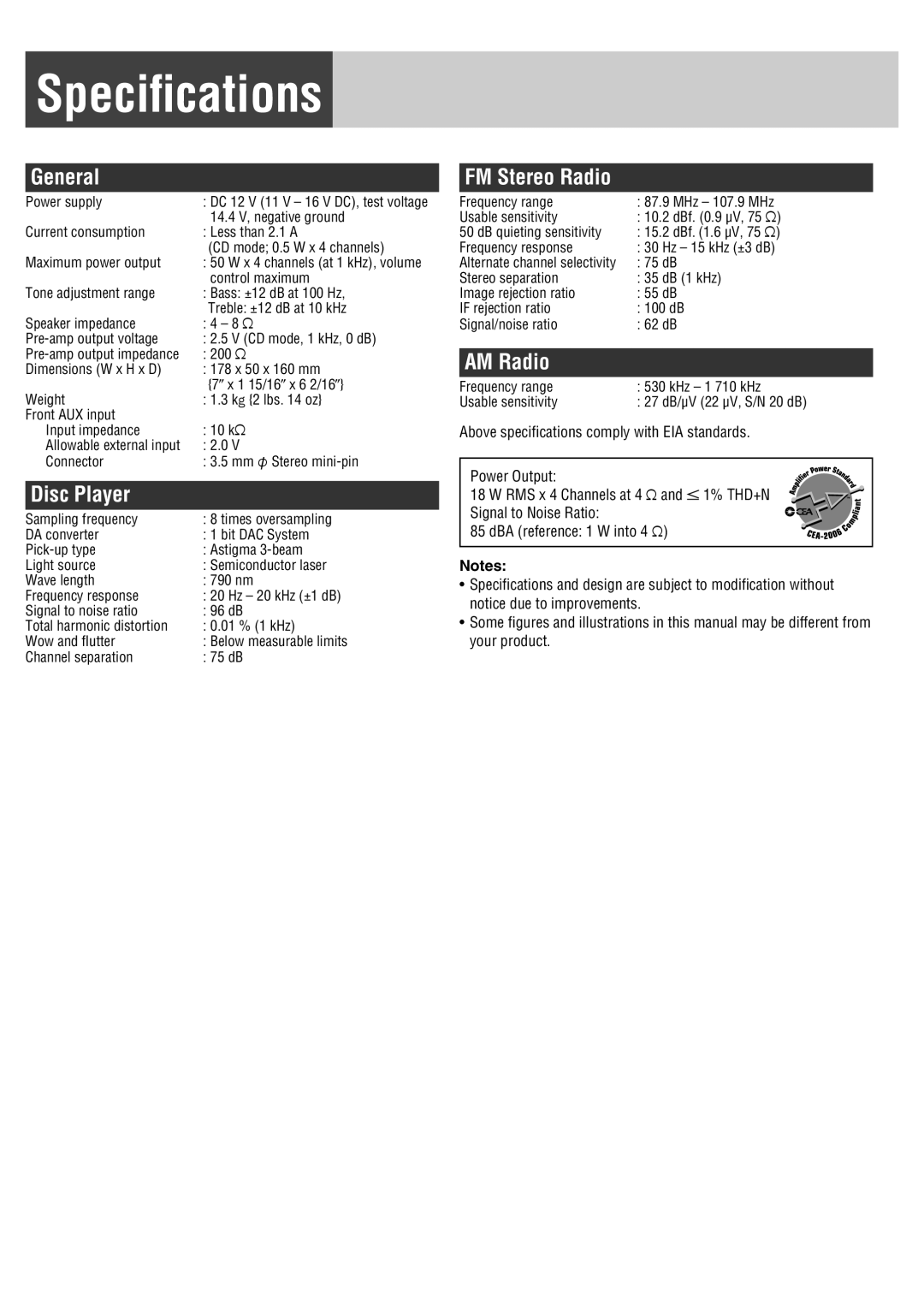 Panasonic C1335L, CQ-C1335U, C1305L, CQ-C1305U operating instructions Speciﬁcations, General, FM Stereo Radio, AM Radio 