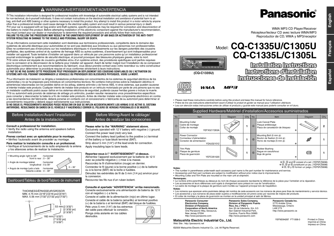 Panasonic CQ-C1305U operating instructions Model CQ-C1335U/C1305U, CQ-C1335L/C1305L, English 