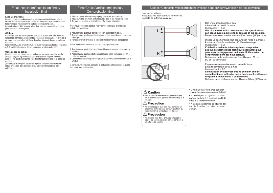 Panasonic CQ-C1335U, C1305L, CQ-C1305U, C1335L operating instructions Lead Connections, Câblage, Conexiones de cables 