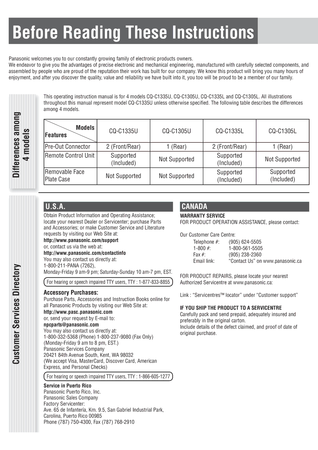 Panasonic CQ-C1335U Before Reading These Instructions, Customer Services Directory, Models, Features, Accessory Purchases 