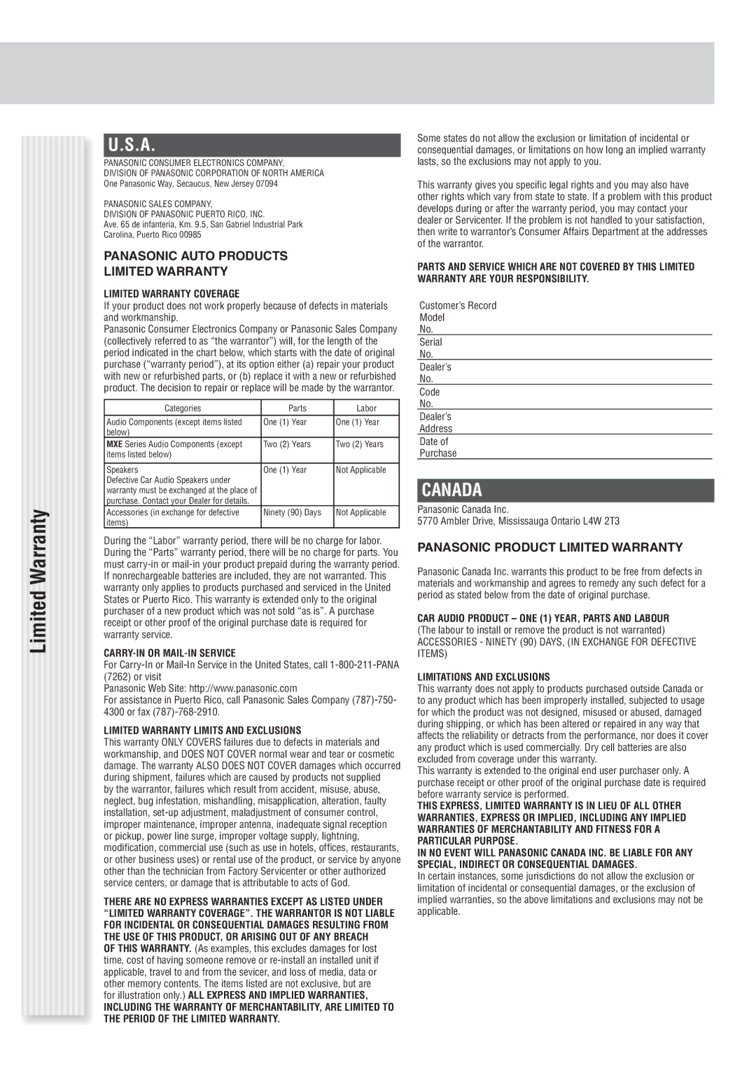 Panasonic C1305L, CQ-C1335U, CQ-C1305U Panasonic Auto Products Limited Warranty, Panasonic Product Limited Warranty 