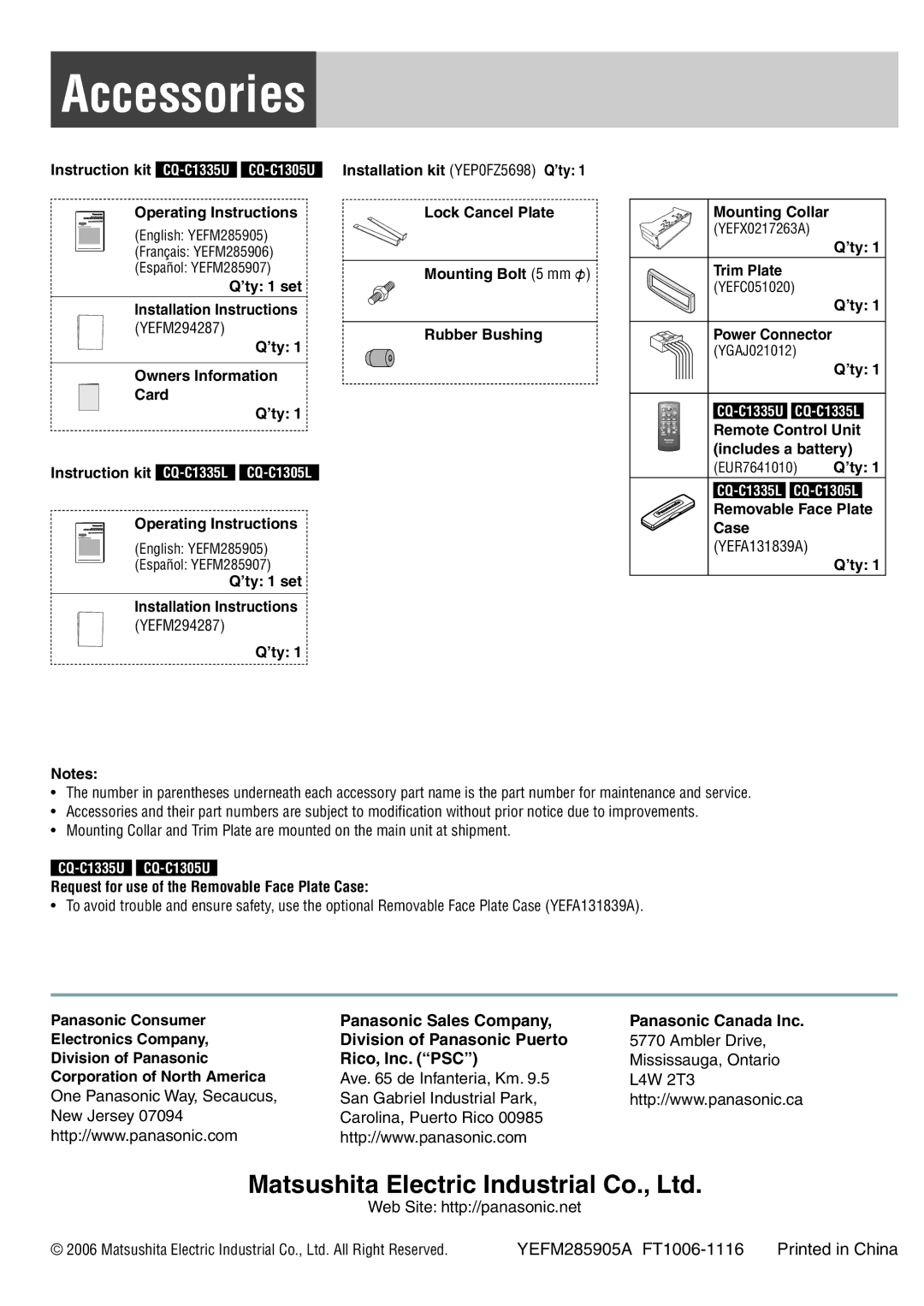 Panasonic CQ-C1305U, CQ-C1335U Accessories, Panasonic Sales Company Panasonic Canada Inc, Division of Panasonic Puerto 