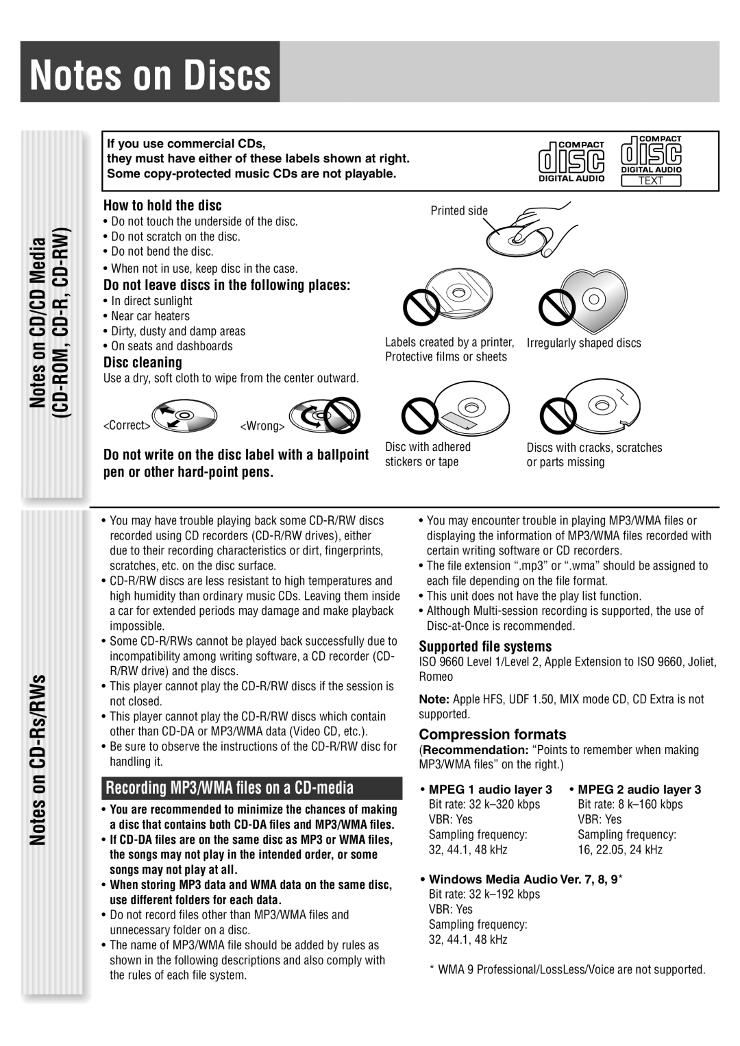 Panasonic C1305L How to hold the disc, Do not leave discs in the following places, Disc cleaning, Supported ﬁle systems 