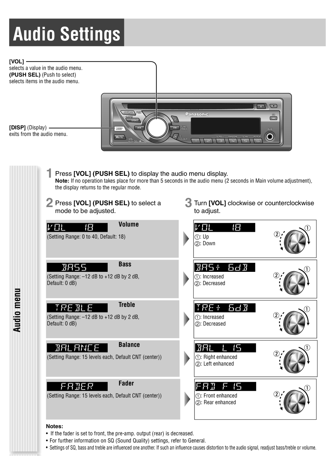 Panasonic C1335L Audio Settings, Audio menu, Press VOL PUSH SEL to display the audio menu display, mode to be adjusted 
